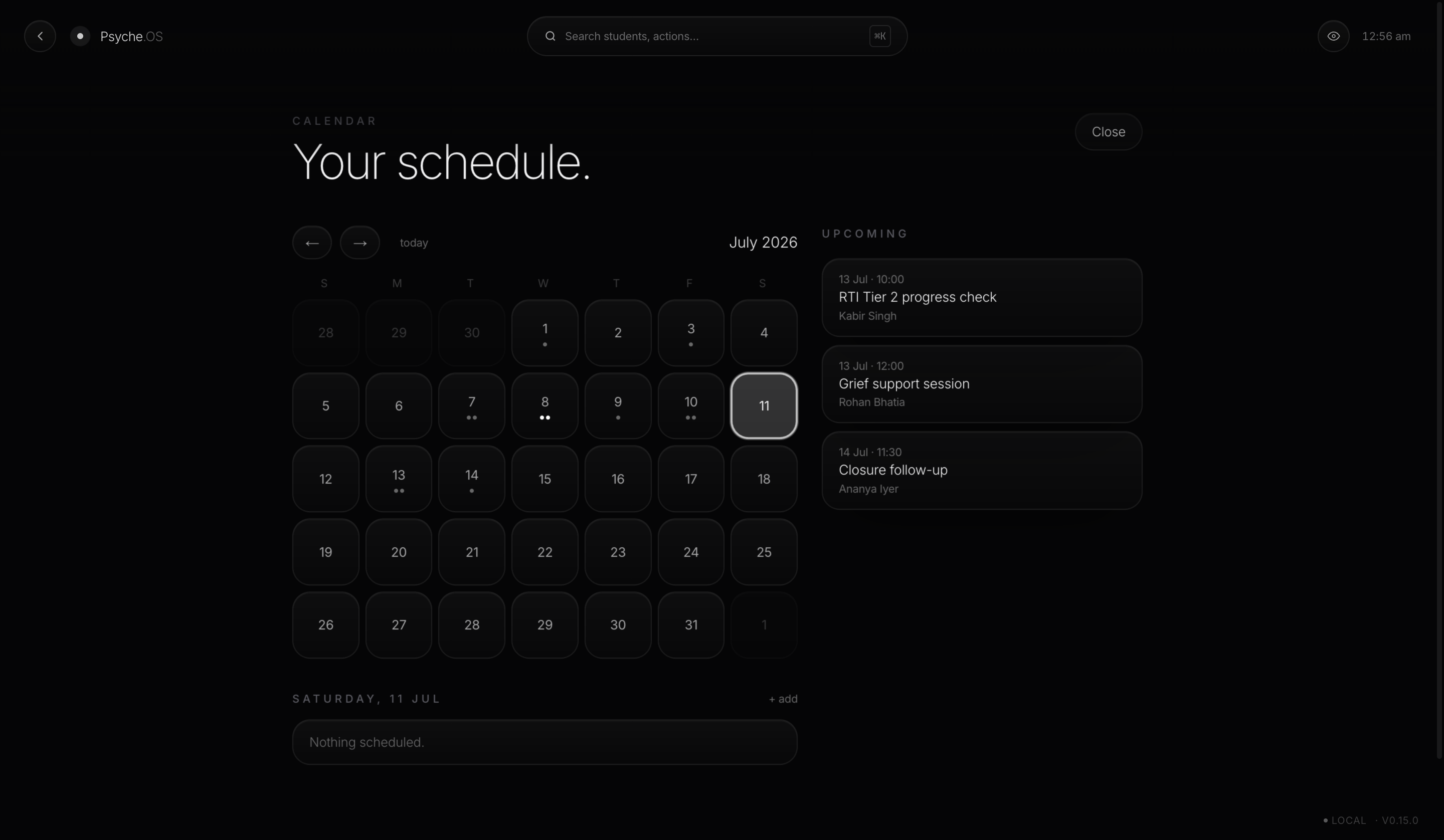 Psyche.OS calendar, with appointments tied directly to student records instead of living in a disconnected scheduling tool.