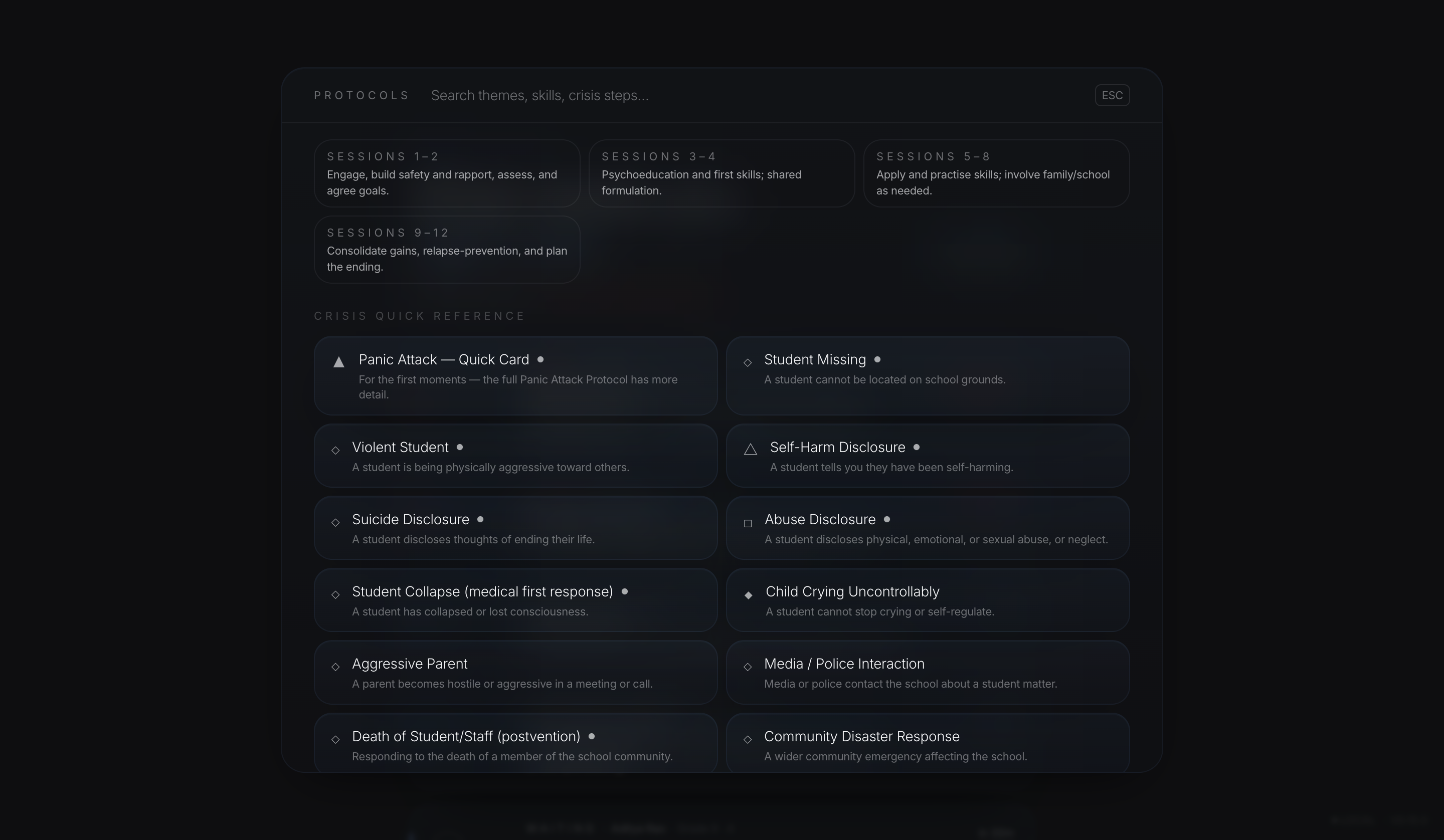 Psyche.OS Protocol deck, close to eighty clinical protocol cards organised by session phase and by crisis type, searchable and openable as an overlay over a live session.